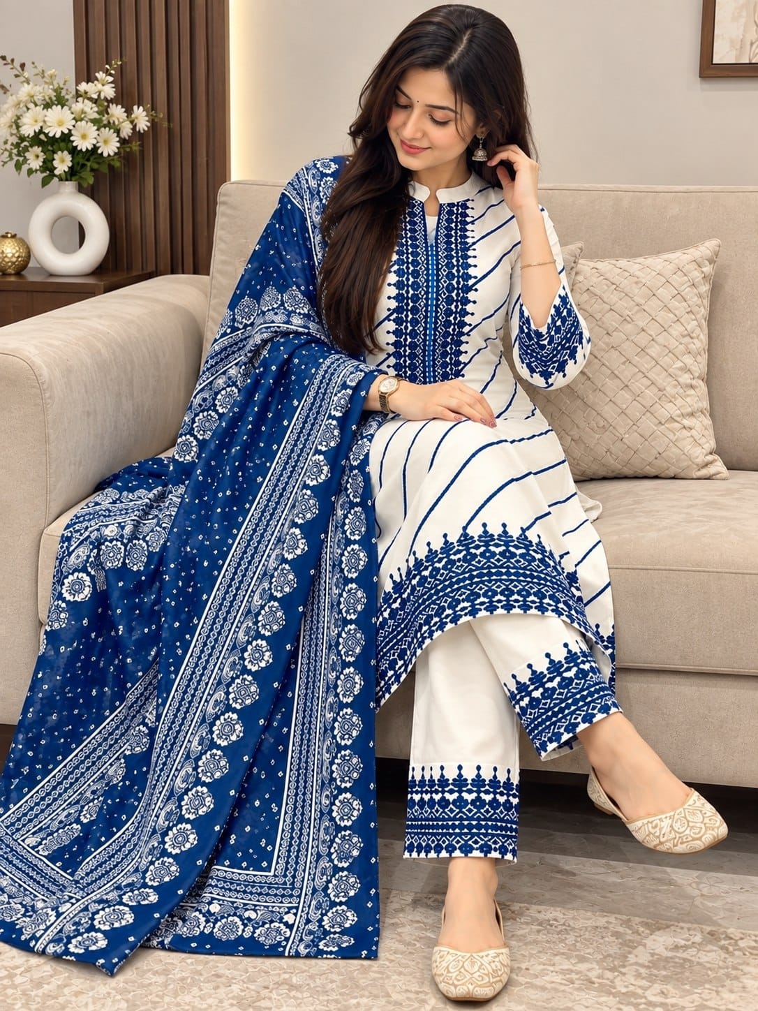 Elegant Blue & White Embroidered Kurti Set with Dupatta - Aurafashion