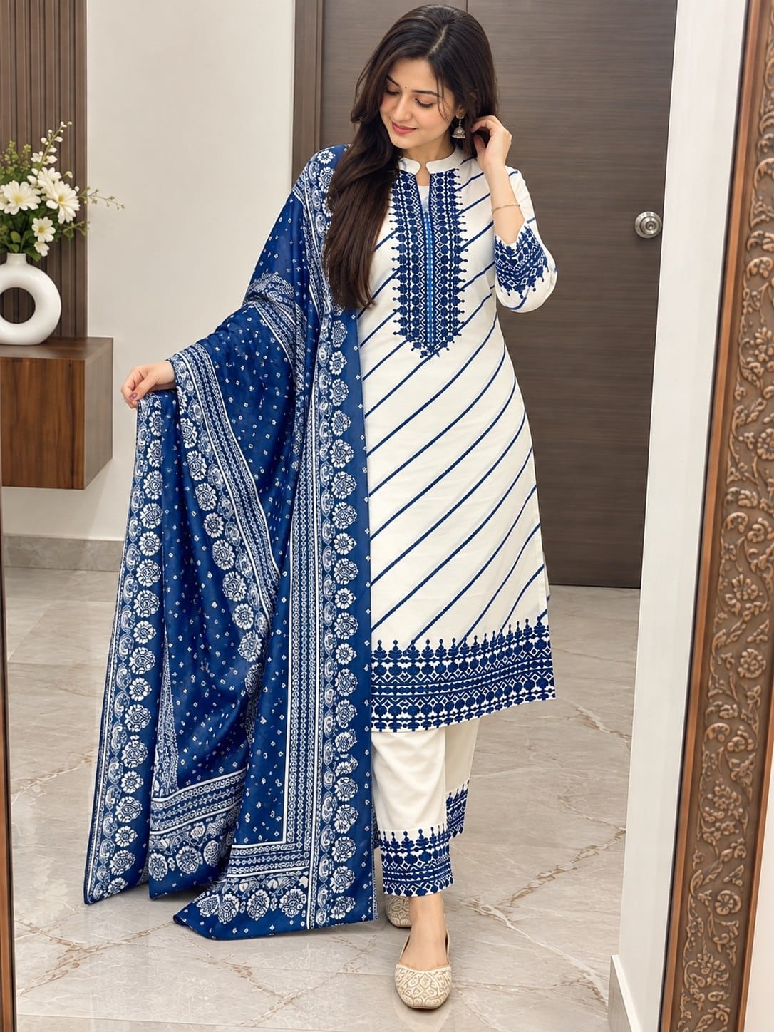 Elegant Blue & White Embroidered Kurti Set with Dupatta - Aurafashion