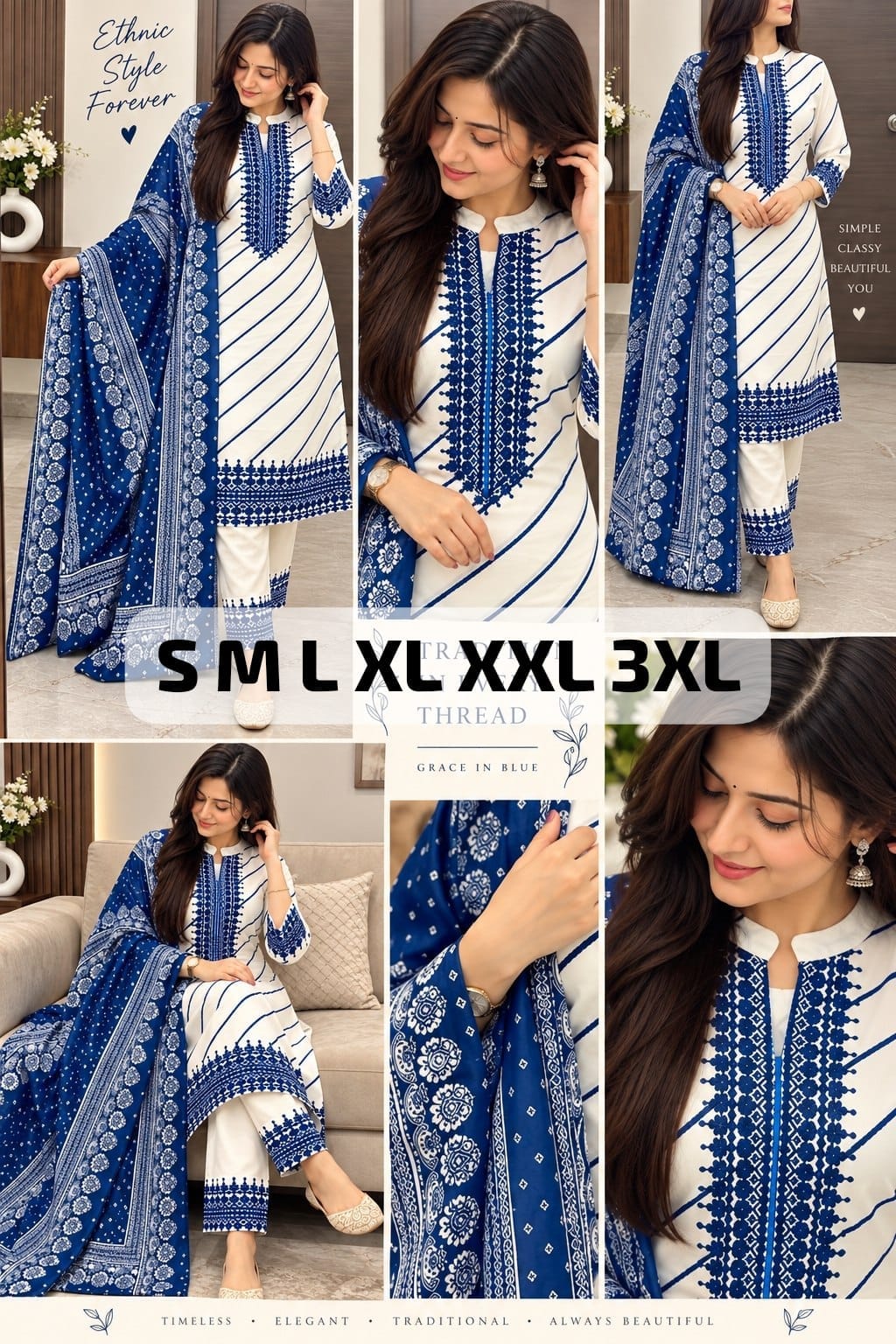 Elegant Blue & White Embroidered Kurti Set with Dupatta - Aurafashion