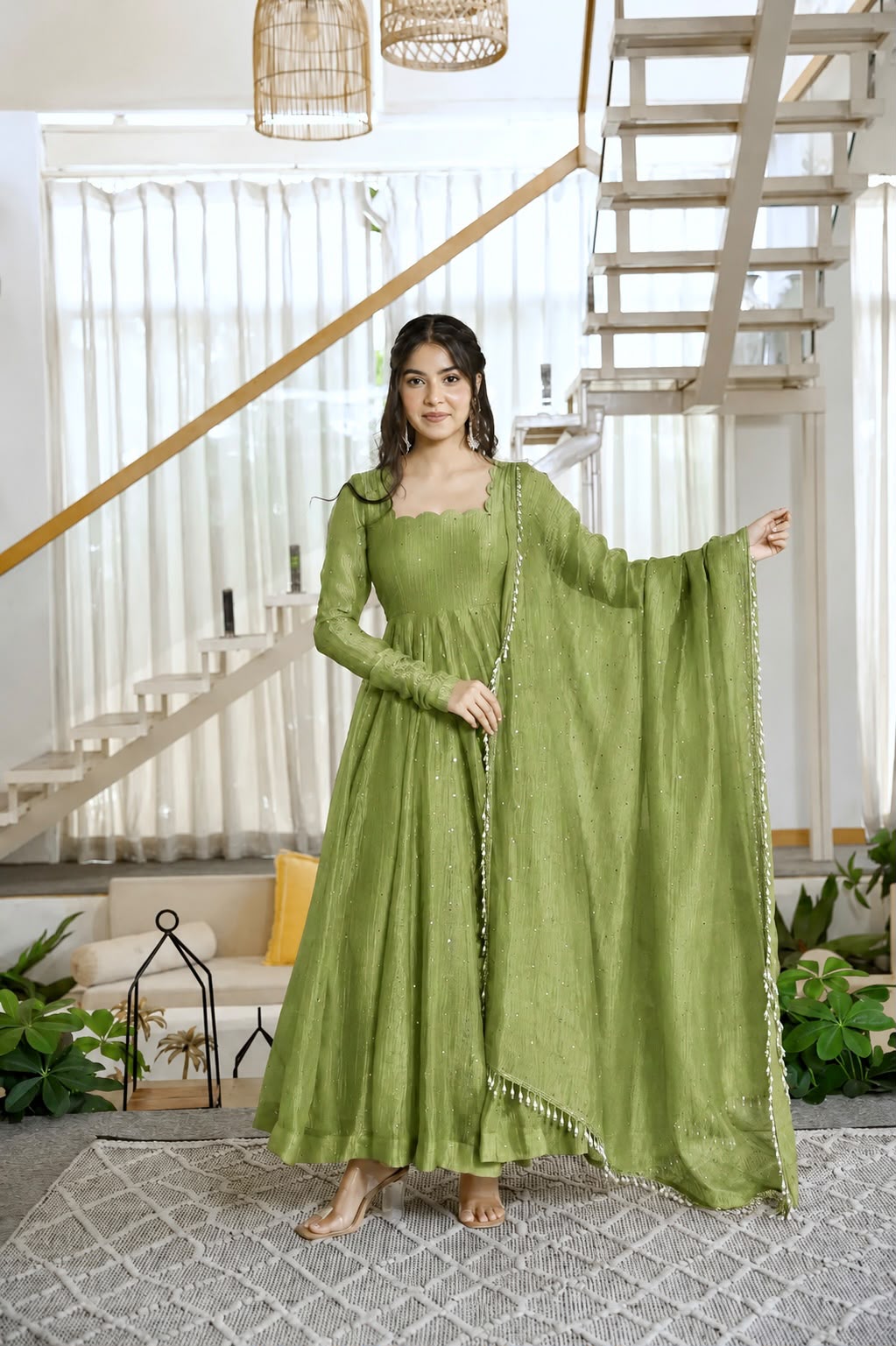 Luminous Sequined Anarkali Set - Aurafashion