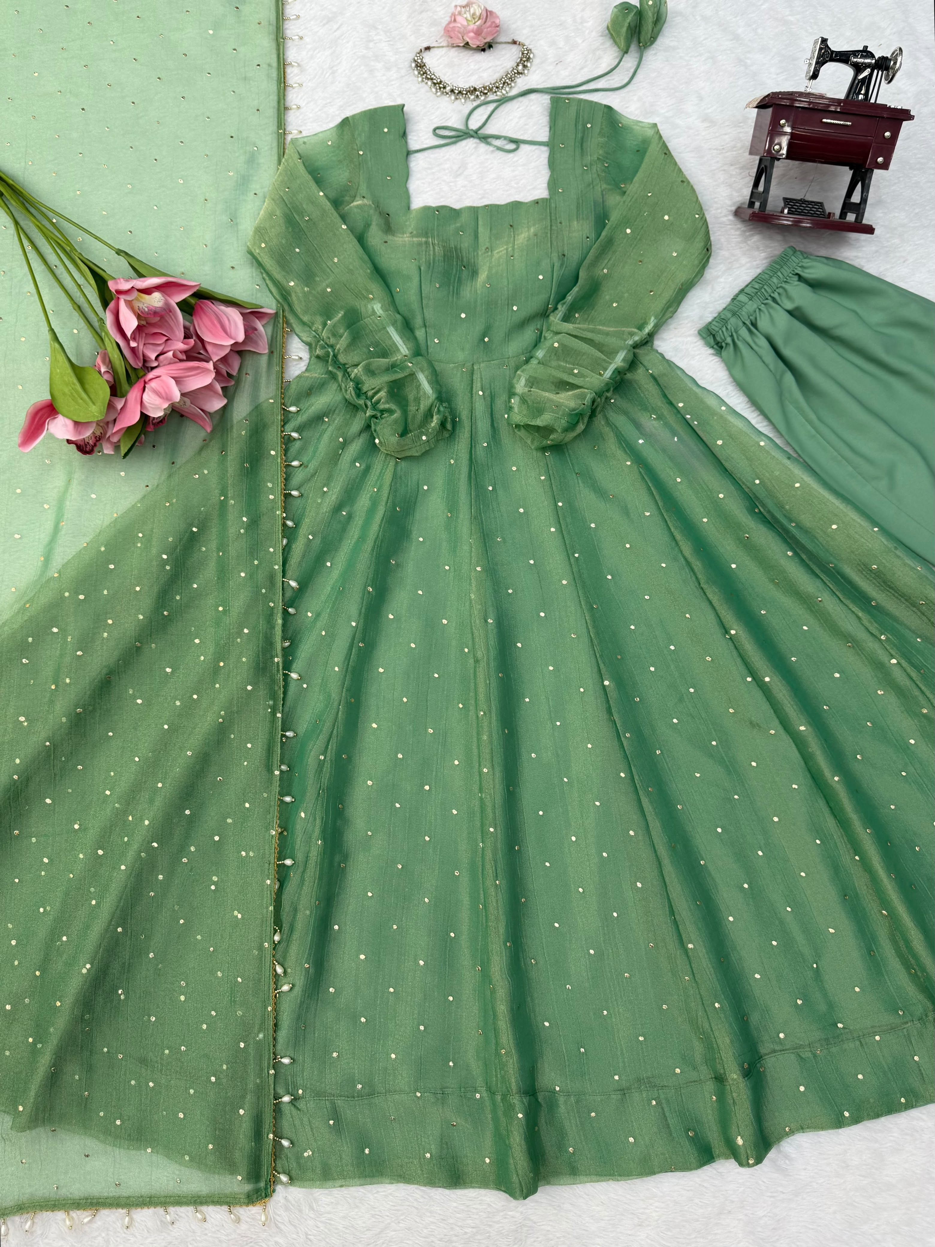 Luminous Sequined Anarkali Set - Aurafashion