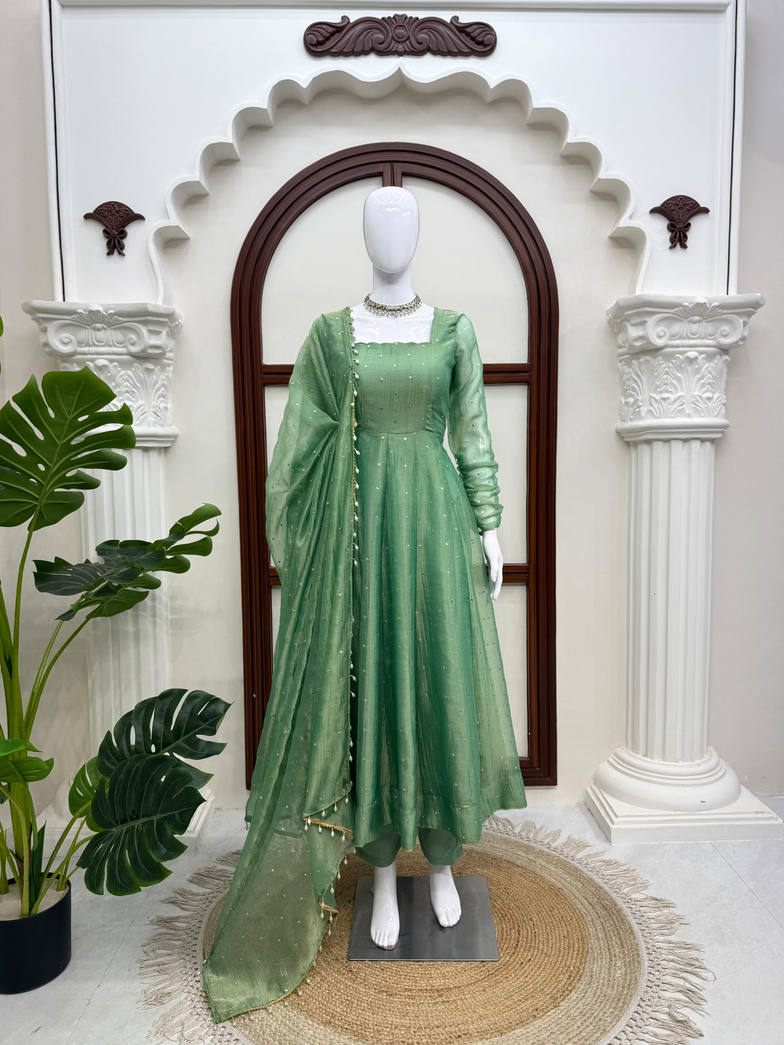 Luminous Sequined Anarkali Set - Aurafashion