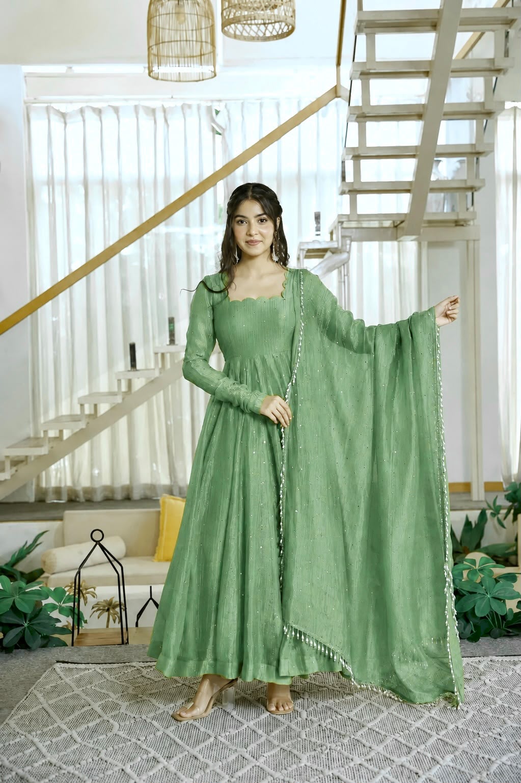 Luminous Sequined Anarkali Set - Aurafashion