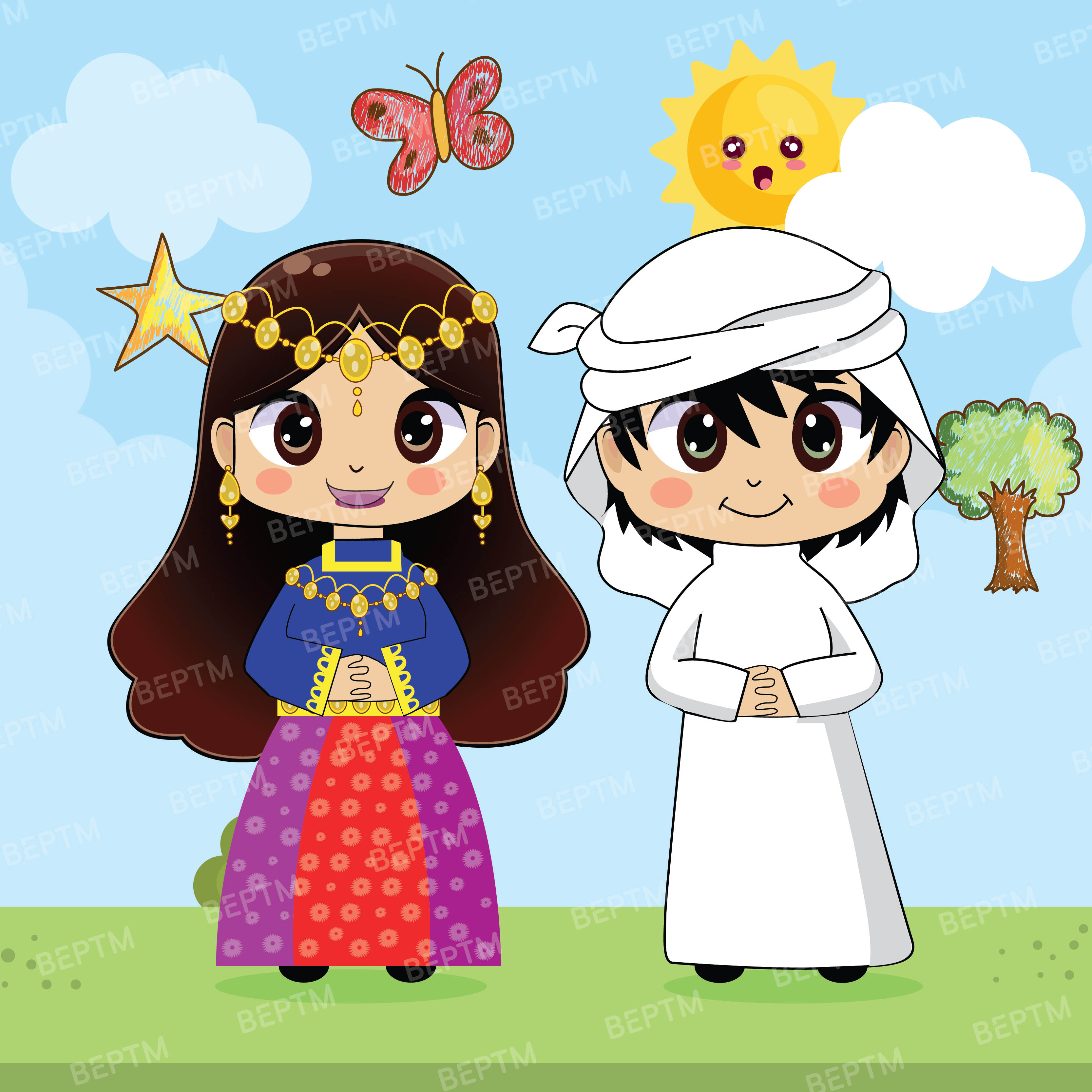 Cute Arab Kids Vector – Traditional Middle Eastern & Gulf Celebration Illustration
