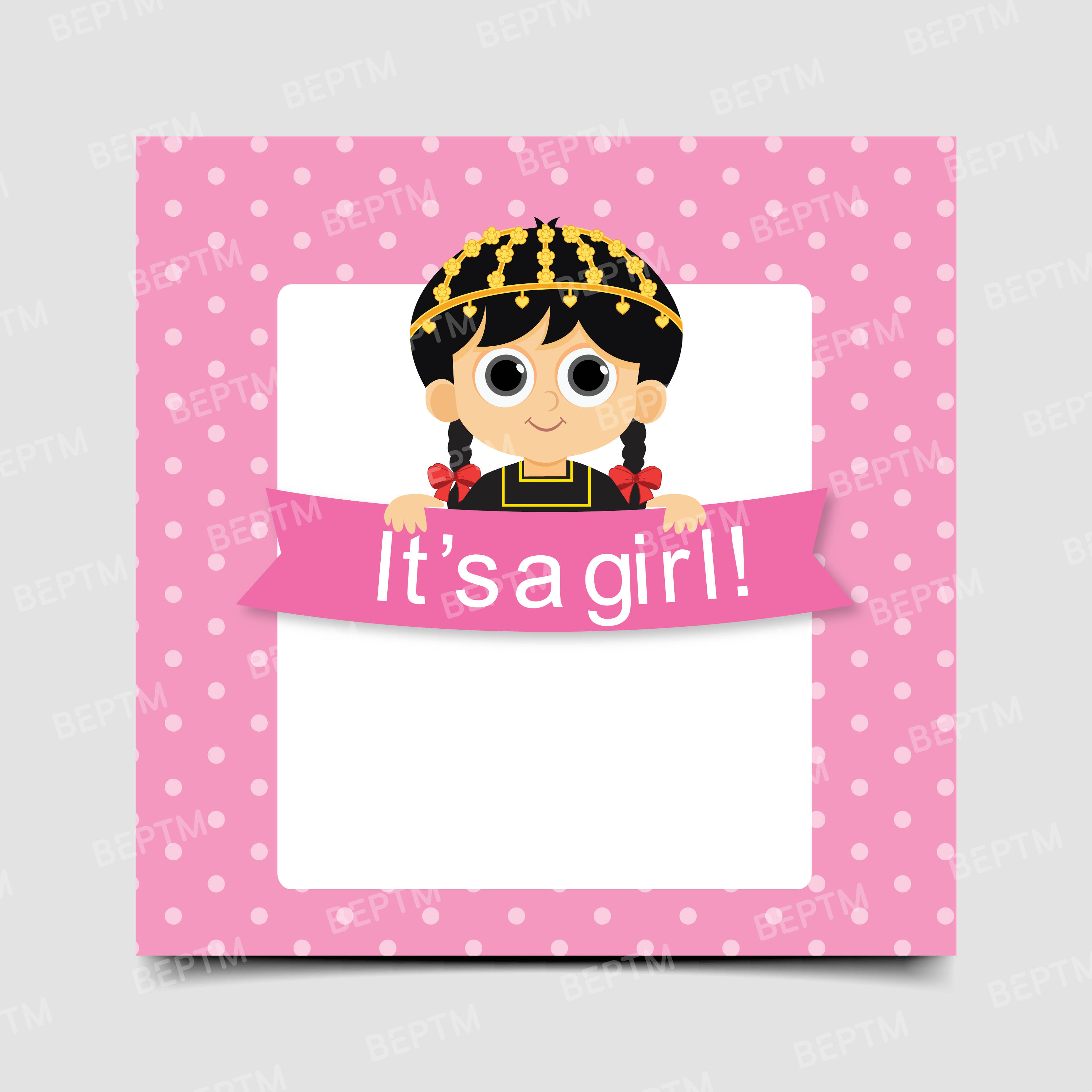 Cute Cute Arabic Girl Baby Shower Card Template | Printable "It's a Girl" Announcement & Invitation Card - Beptm Stocks