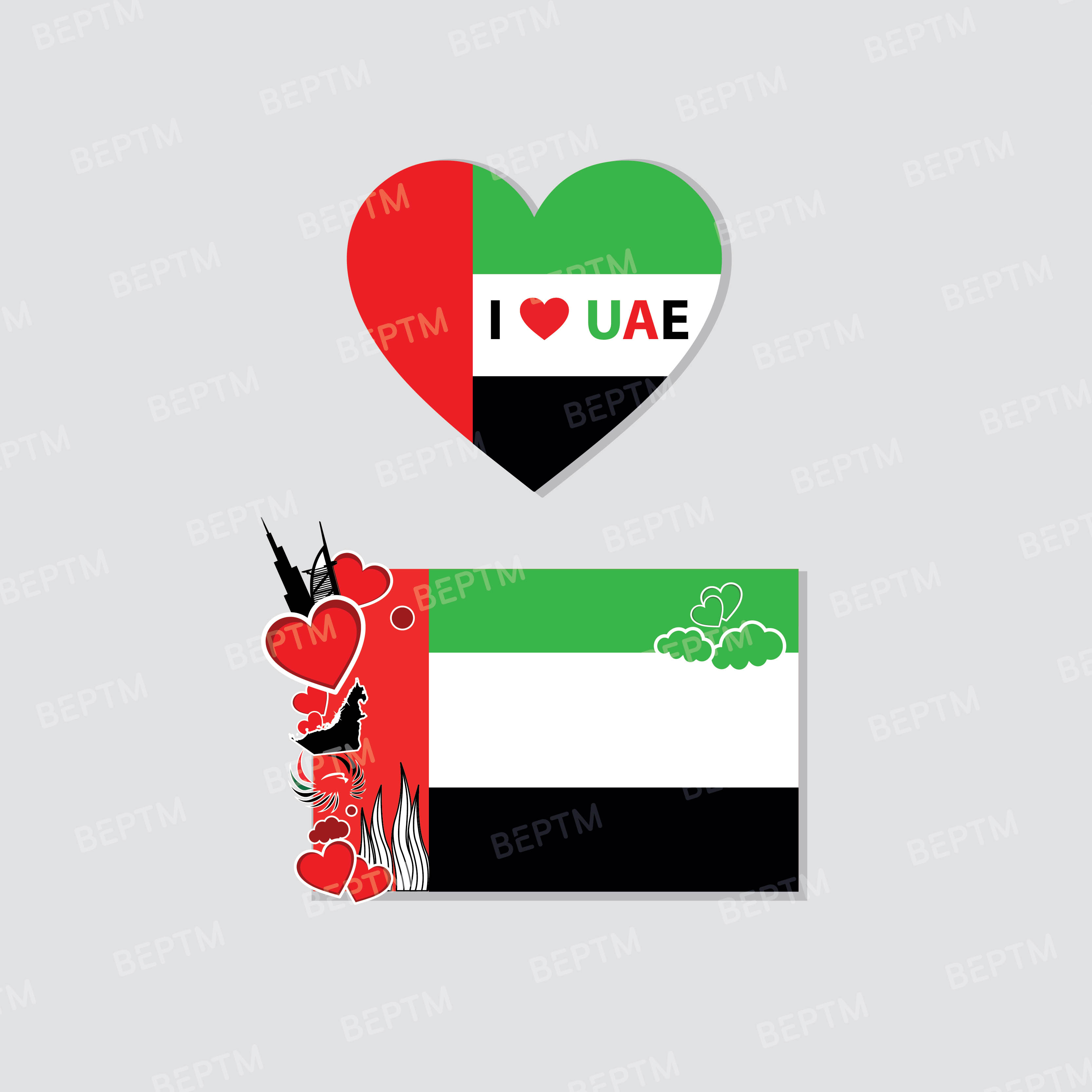UAE Flag Vector Design Pack | "I Love UAE" Heart & Landmark Silhouette Clipart - Beptm Stocks