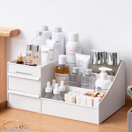 Cosmetic Storage Makeup Drawer Organizer Portable, Tabletop Cosmetic Organizer, Modern Countertop Storage for Dressing Table Vanity (White)
