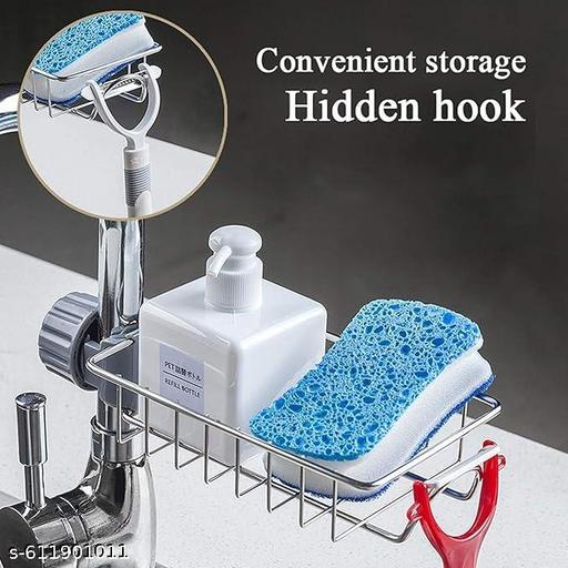 Kitchen Sink Caddy Organizer Over Faucet Sponge Holder, Stainless Steel Heavy Duty Thickening Hanging Faucet Drain Rack for Scrubbers, Soap, Bathroom, Detachable No Suction Cup or Magnet | Pack 1 - Buzx