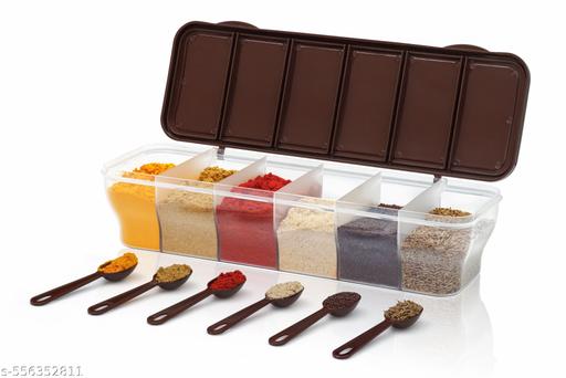 Multipurpose 6-in-1 Masala Box for Kitchen| Airtight BPA-Free Plastic 6 Section Storage Container with 6 Spoons, 1800 ml Transparent Pickle Box for Spices Dry Fruits Snacks Vegetables and Groceries - CartCo.Online