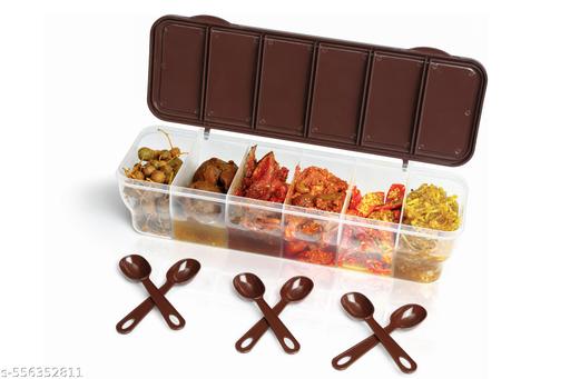 Multipurpose 6-in-1 Masala Box for Kitchen| Airtight BPA-Free Plastic 6 Section Storage Container with 6 Spoons, 1800 ml Transparent Pickle Box for Spices Dry Fruits Snacks Vegetables and Groceries - CartCo.Online