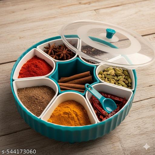 360° Rotating Masala Box 7 Compartment with Spoon | Airtight Spice Organizer for Kitchen | Transparent Plastic Masala Dabba | Dry Fruit, Mukhwas, Snacks & Seasoning Storage Container - Crispix 