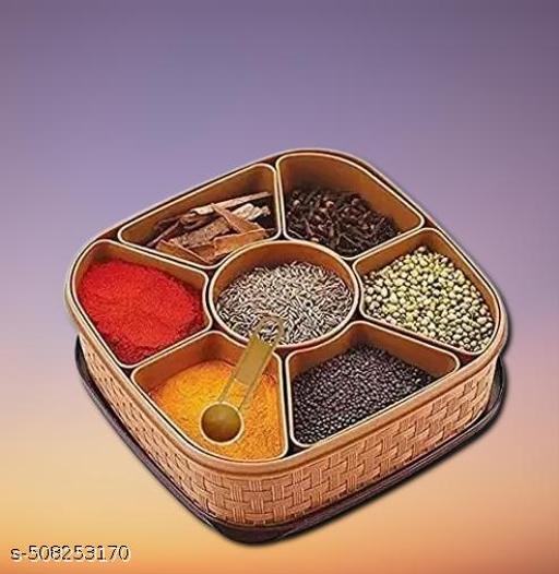 Plastic Square 7 Sections Multipurpose Masala Rangoli Dabba Box Set, Spice Box Set - Brown (Masala Box - 7 in 1) - Crispix 