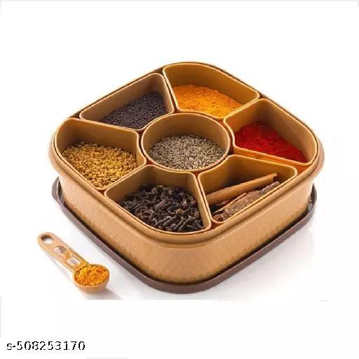 Plastic Square 7 Sections Multipurpose Masala Rangoli Dabba Box Set, Spice Box Set - Brown (Masala Box - 7 in 1) - Crispix 