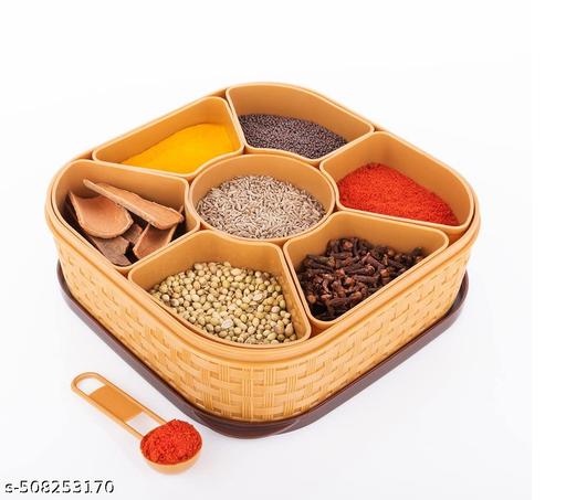 Plastic Square 7 Sections Multipurpose Masala Rangoli Dabba Box Set, Spice Box Set - Brown (Masala Box - 7 in 1) - Crispix 