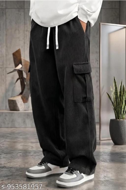 Men Corduroy Cargo Pants | Relaxed Fit Wide Leg Trouser | Stylish Casual Streetwear Lower for Men - Crispix 