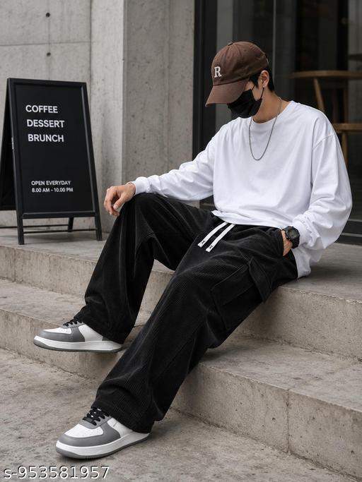 Men Corduroy Cargo Pants | Relaxed Fit Wide Leg Trouser | Stylish Casual Streetwear Lower for Men - Crispix 