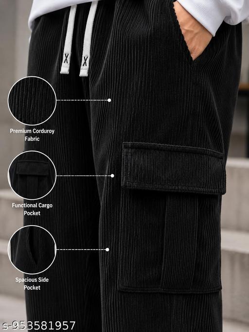 Men Corduroy Cargo Pants | Relaxed Fit Wide Leg Trouser | Stylish Casual Streetwear Lower for Men - Crispix 