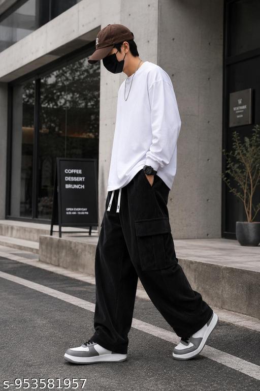 Men Corduroy Cargo Pants | Relaxed Fit Wide Leg Trouser | Stylish Casual Streetwear Lower for Men - Crispix 