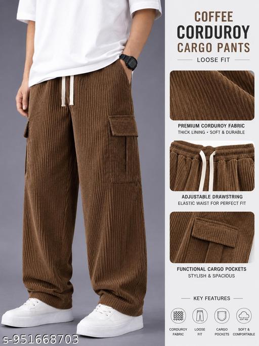 Men’s Coffee Brown Corduroy Cargo Pants | Relaxed Fit Ribbed Trouser with Side Pockets - Crispix 