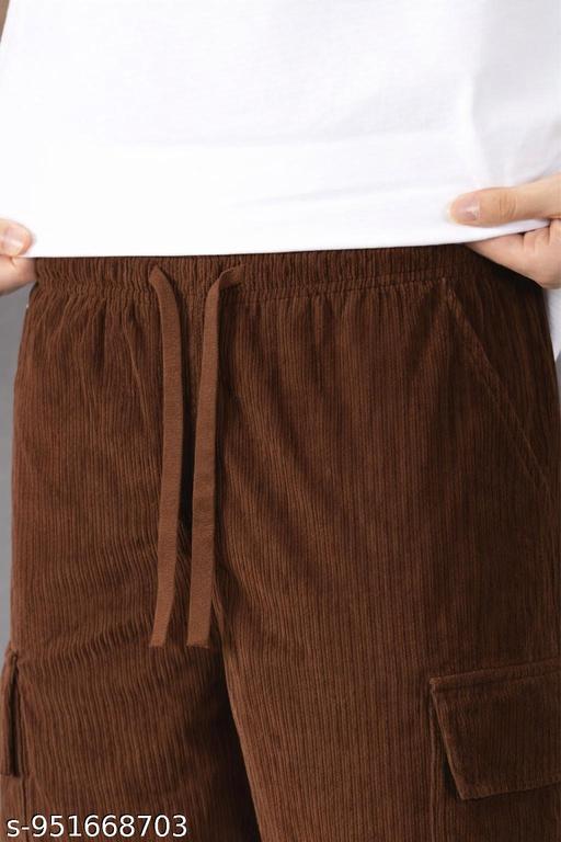 Men’s Coffee Brown Corduroy Cargo Pants | Relaxed Fit Ribbed Trouser with Side Pockets - Crispix 