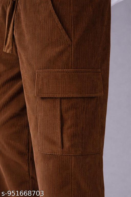 Men’s Coffee Brown Corduroy Cargo Pants | Relaxed Fit Ribbed Trouser with Side Pockets - Crispix 