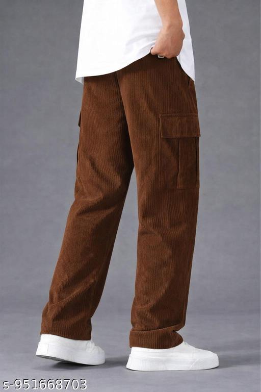 Men’s Coffee Brown Corduroy Cargo Pants | Relaxed Fit Ribbed Trouser with Side Pockets - Crispix 
