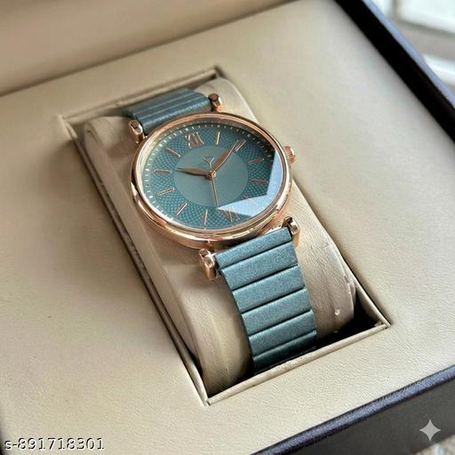 Luxury Look Watches for Women Round Dial | Analogue Quartz Movement Ladies Watch | Long Battery Life | Sky Blue Chain Bracelet | Rose Gold Dial | Elegant Buckle Lock Watches - Crispix 