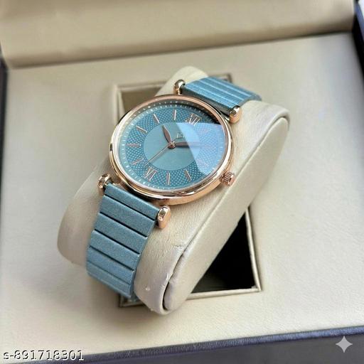 Luxury Look Watches for Women Round Dial | Analogue Quartz Movement Ladies Watch | Long Battery Life | Sky Blue Chain Bracelet | Rose Gold Dial | Elegant Buckle Lock Watches - Crispix 
