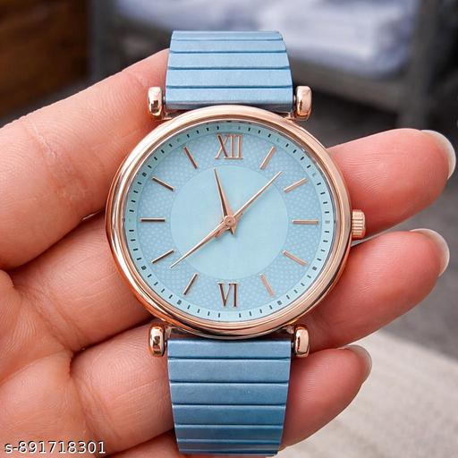 Luxury Look Watches for Women Round Dial | Analogue Quartz Movement Ladies Watch | Long Battery Life | Sky Blue Chain Bracelet | Rose Gold Dial | Elegant Buckle Lock Watches - Crispix 
