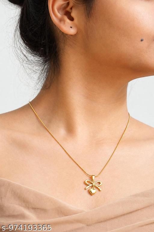 Gold Heart Shap Necklace Chain Fancy Micro Gold Plated Pendent Set For Girls And Women. Premium Stainless Steel Heart With Bow Pendant Necklace For Girls Gold-plated Plated Alloy, Stainless Steel  - Crispix 
