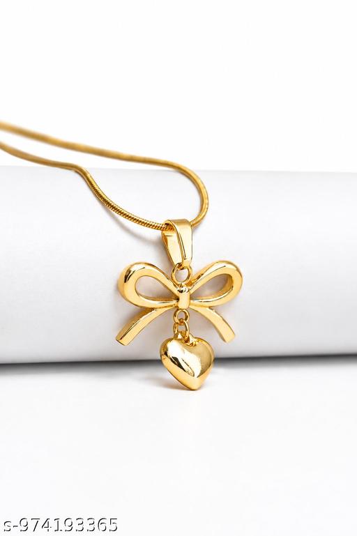 Gold Heart Shap Necklace Chain Fancy Micro Gold Plated Pendent Set For Girls And Women. Premium Stainless Steel Heart With Bow Pendant Necklace For Girls Gold-plated Plated Alloy, Stainless Steel  - Crispix 