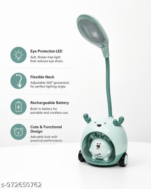 Cute Bear LED Desk Lamp, Green, Flexible Neck, Kids' Study Light with Cartoon Design on Wheels - Crispix 