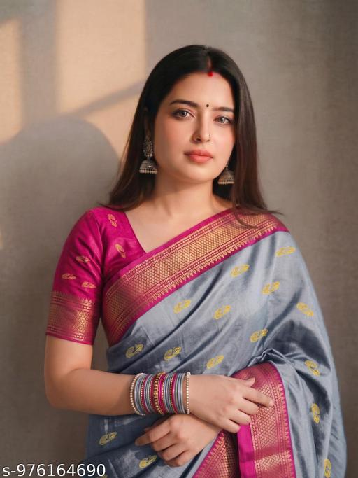 వివాహం మరియు పండుగ వేడుకలకు ఫ్యాన్సీ సంప్రదాయ సికో సిల్క్ సారీ (గ్రే రాణి A10) - Crispix 