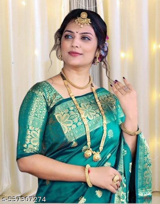 Women's Kanjivaram Soft Banarasi Silk Saree With Blouse Piece Rama Green - Crispix 