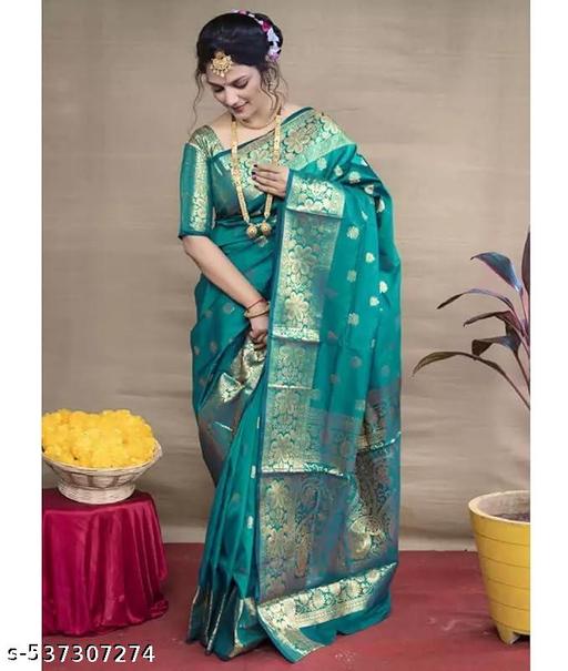 Women's Kanjivaram Soft Banarasi Silk Saree With Blouse Piece Rama Green - Crispix 