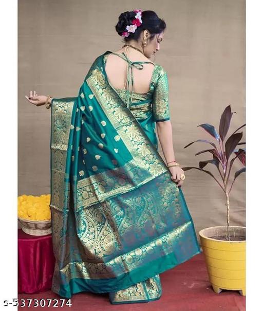Women's Kanjivaram Soft Banarasi Silk Saree With Blouse Piece Rama Green - Crispix 