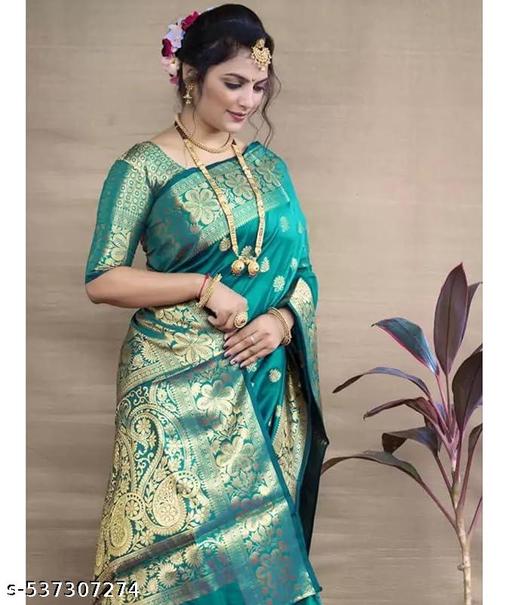Women's Kanjivaram Soft Banarasi Silk Saree With Blouse Piece Rama Green - Crispix 