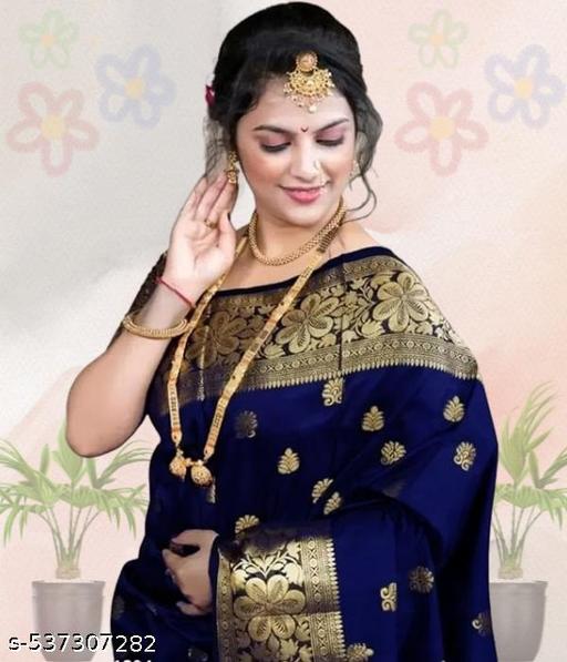 মহিলাদের কানজিভারাম নরম বানারসি সিল্ক শাড়ি ব্লাউজ পিস সহ নেভি ব্লু - Crispix 
