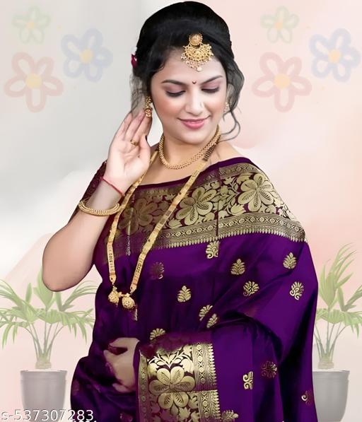 Women's Kanjivaram Soft Banarasi Silk Saree With Blouse Piece Purple - Crispix 