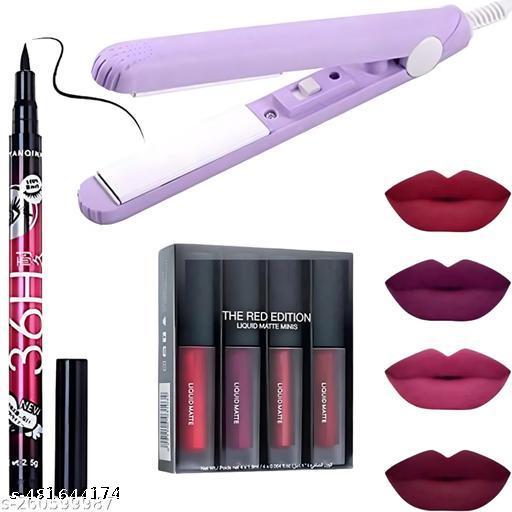 Trendy Combo of Straightener with 4lipsticks and 1 eyeliner | Combo of 6 Items|  - Crispix 