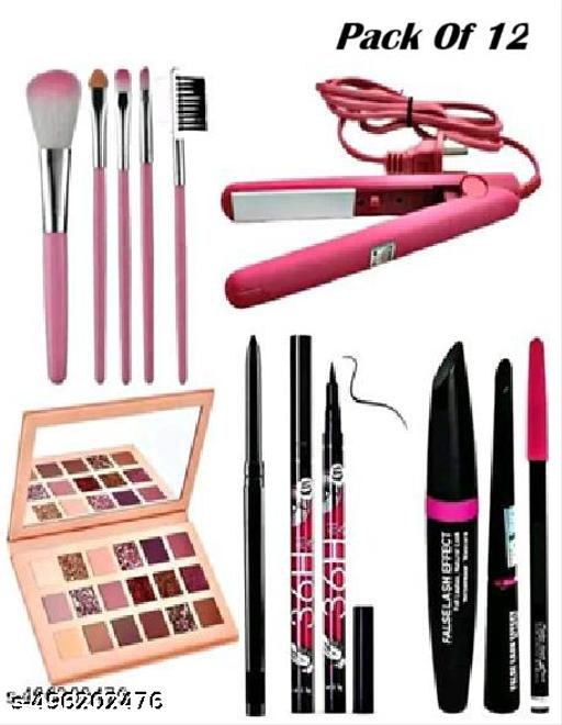 Makeup Kit Set of Eyeshadow, Kajal, Eyeliner, 5 Makeup Brushes, Straightner & 3in1 Mascara (Pack of 12) - Crispix 