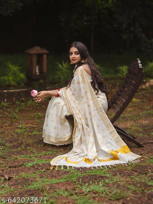 Texation Kerala Cotton Embroidery Saree With Running Blouse ( Malayalam Letters) - Crispix 