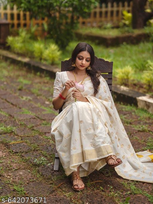 Texation Kerala Cotton Embroidery Saree With Running Blouse ( Malayalam Letters) - Crispix 