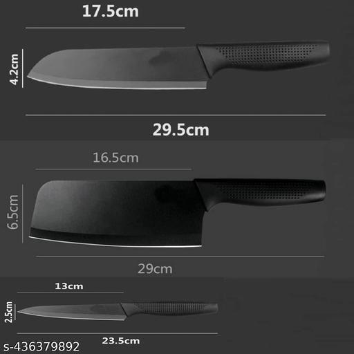 NAND IMPORTER Stainless Steel 3 Pieces Professional Kitchen Knife Set, Meat Knife, Chef's Knife with Non-Slip Handle Sharp Manual Sharpening for Home Kitchen and Restaurant (2) - Black - dealduniya