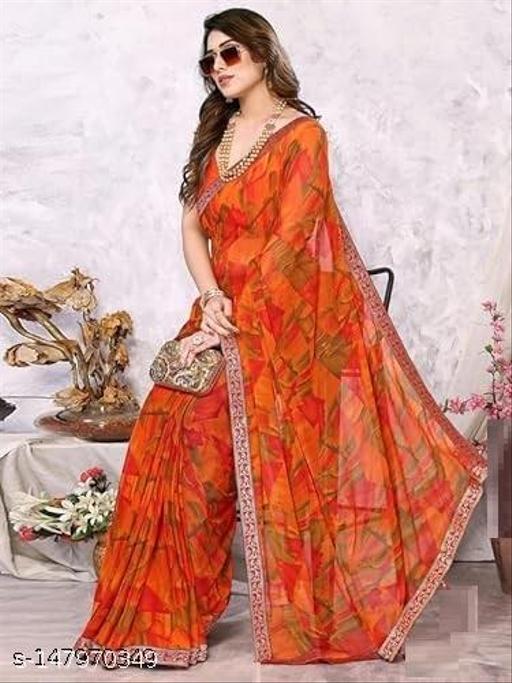Best Daily Wear Georgette Printed Saree With Full Saree Lace Border With Running Unstitched Blouse Piece Fancy Women's Designer Saree Most Trending Sari Bollywood Saree Georgette Ki Sadi Daily Use Sadi Nai Design Of Sadi Fancy Saree Naye Design Of Saree Poonam Saree New Arrival Latest Sari - Design Fasion Store