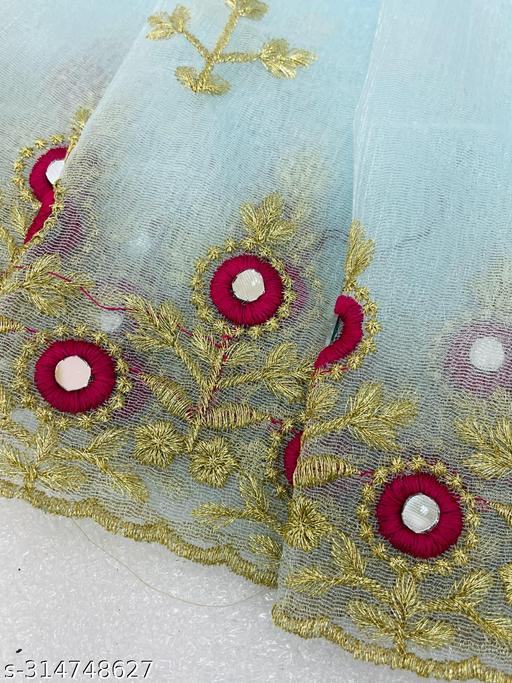 Women's Soft Net Saree with Heavy Golden Floral Embroidery, Mirror Work Border, Fancy Tassel Pallu and Unstitched Blouse Piece for Wedding Party Festive Wear - Design Fasion Store