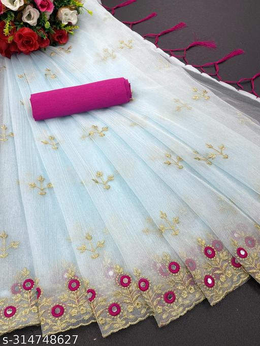 Women's Soft Net Saree with Heavy Golden Floral Embroidery, Mirror Work Border, Fancy Tassel Pallu and Unstitched Blouse Piece for Wedding Party Festive Wear - Design Fasion Store