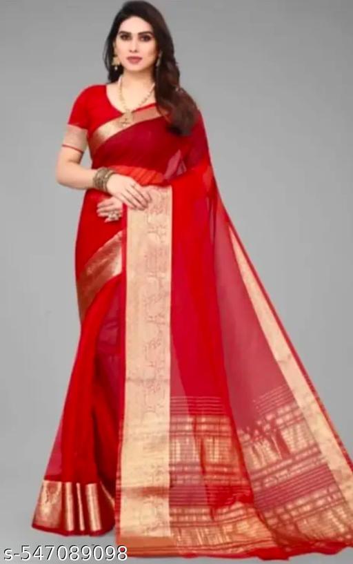 Fancy Organza Silk Skirt Border Plain Saree (Red) - Design Fasion Store