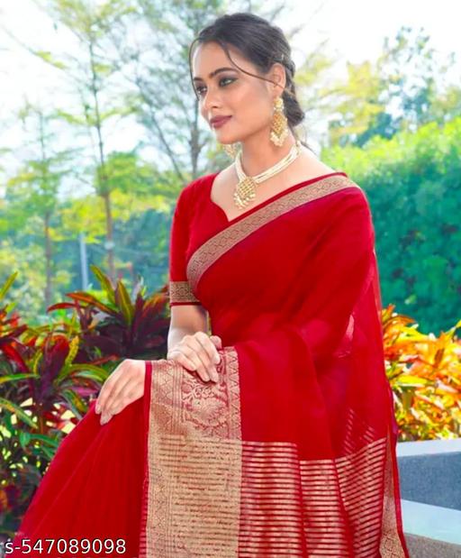 Fancy Organza Silk Skirt Border Plain Saree (Red) - Design Fasion Store