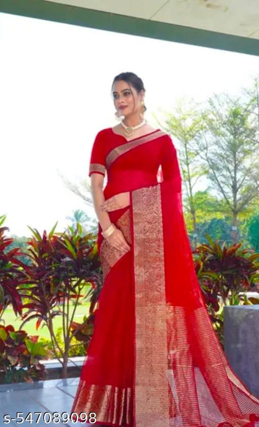 Fancy Organza Silk Skirt Border Plain Saree (Red) - Design Fasion Store